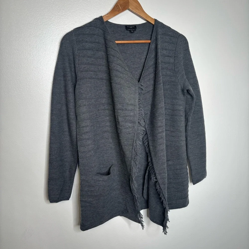 Talbots Petite Merino Wool Open Cardigan Fringe Gray Size SP